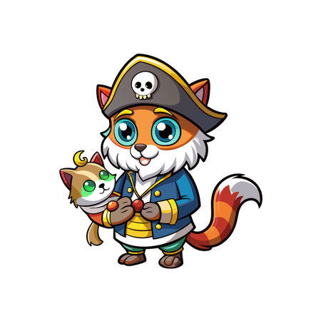 Cartoon fox dressed as a pirate with a kittenのイラスト素材