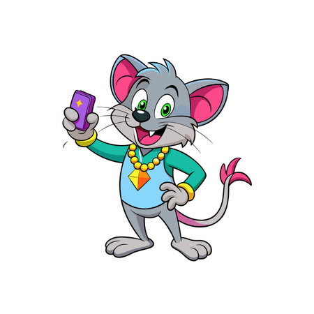 Cartoon mouse taking a selfie with a purple phoneのイラスト素材