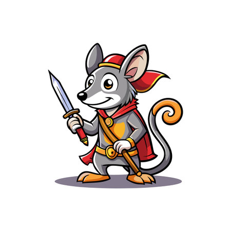 Cartoon mouse knight stands ready with sword and determinationのイラスト素材