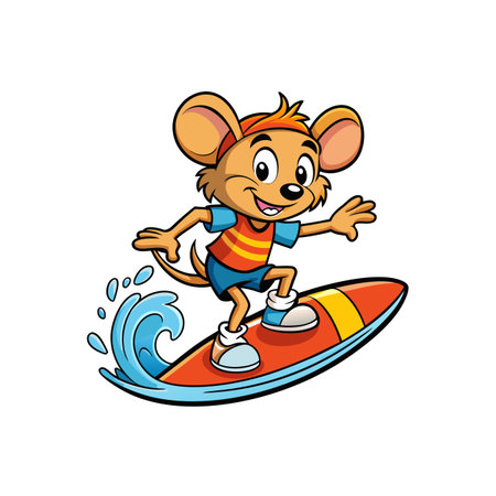 Cartoon mouse surfing on a surfboard with wave splashのイラスト素材