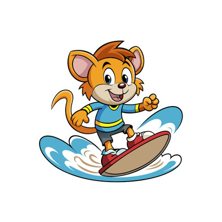 Cartoon mouse character surfing on wave with surfboard happilyのイラスト素材