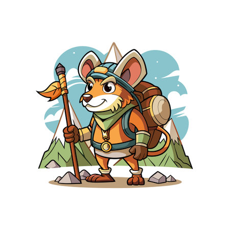Cartoon mouse hiking in mountains with backpack and staffのイラスト素材