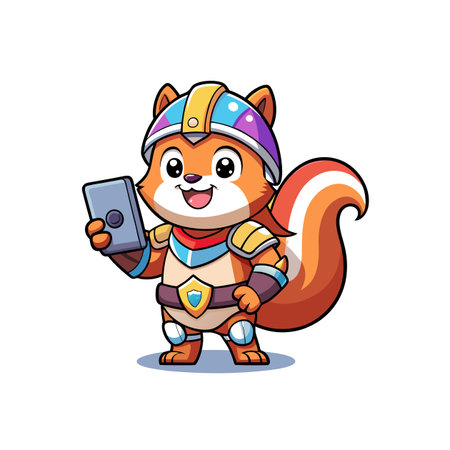 Cartoon squirrel wearing armor holds a smartphone happilyのイラスト素材