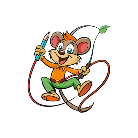 Cartoon mouse juggling pencil and plant on white backgroundのイラスト素材