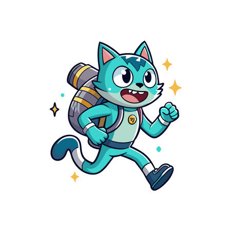 Cartoon cyan cat adventurer running with backpack in vector artのイラスト素材