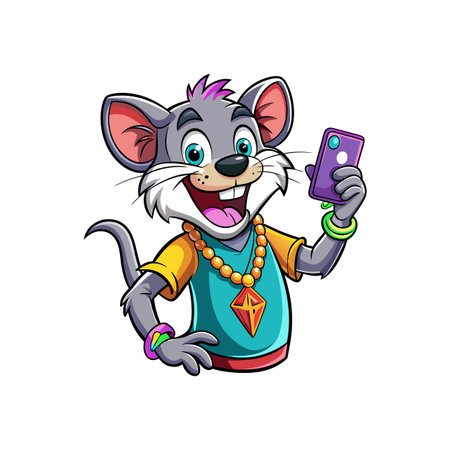 Cartoon mouse taking a selfie with a smartphoneのイラスト素材