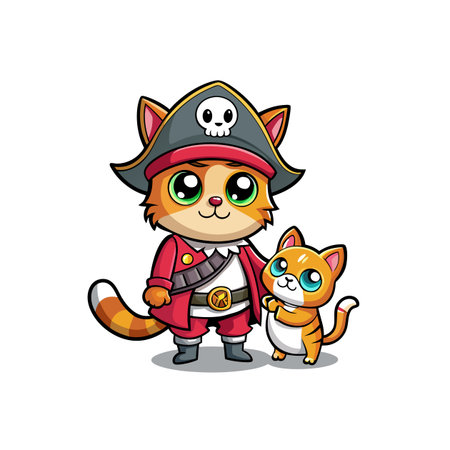 Adorable cartoon cat dressed as a pirate with kittenのイラスト素材