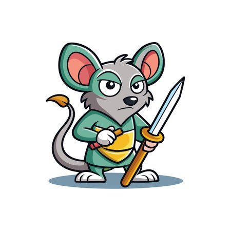 Cartoon mouse warrior with sword standing ready to fightのイラスト素材