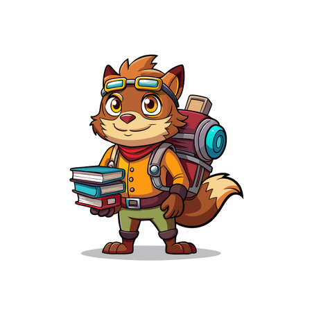 Cartoon fox explorer carrying books with large backpack standingのイラスト素材