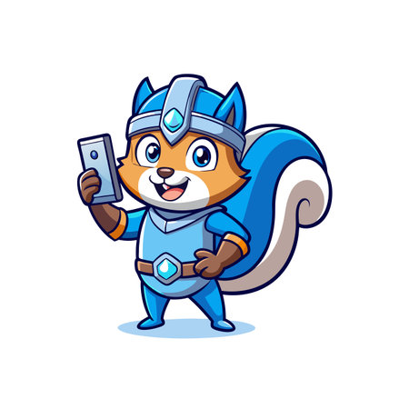 Cartoon squirrel warrior character using a phone appのイラスト素材