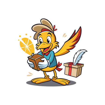 Cartoon bird opening box revealing glowing surprise gift insideのイラスト素材