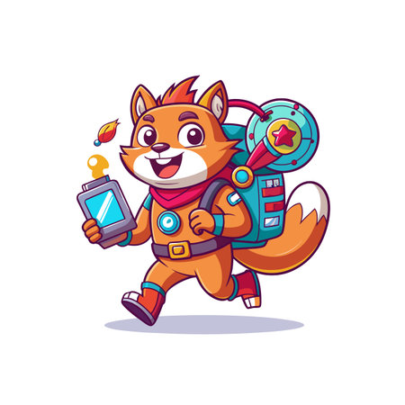 Cartoon Fox Explorer Running with Backpack and Tech Deviceのイラスト素材