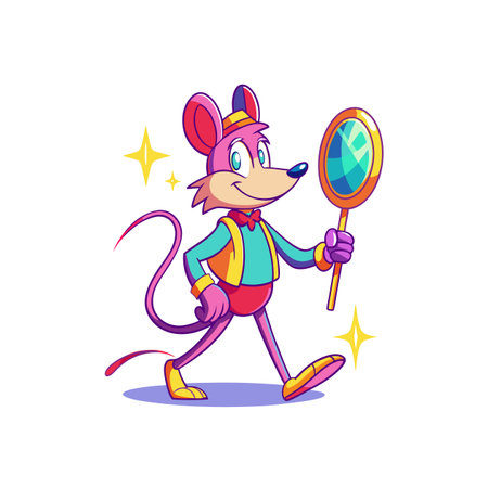 Cartoon mouse character walking with mirror in vibrant colorsのイラスト素材