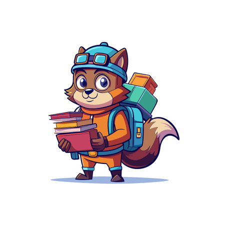 Cartoon fox carrying books with backpack and pilot hatのイラスト素材