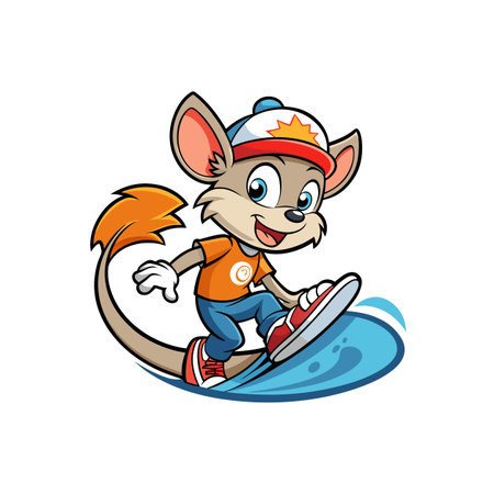 Cartoon mouse surfing on blue wave with orange detailsのイラスト素材