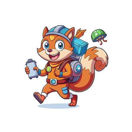 Cheerful Cartoon Squirrel Astronaut Running with a Clipboard Illustrationのイラスト素材
