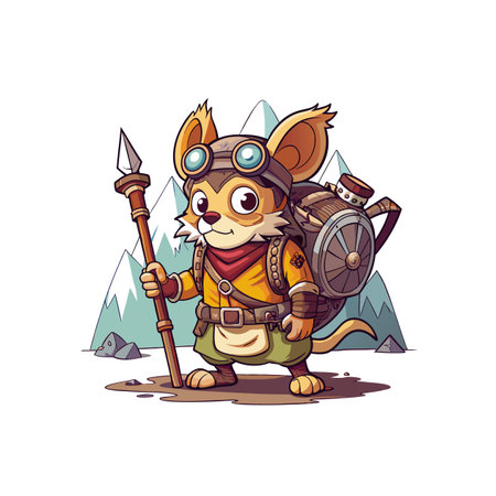 Adventurous Mouse Character with Steampunk Backpack in Snowy Landscapeのイラスト素材