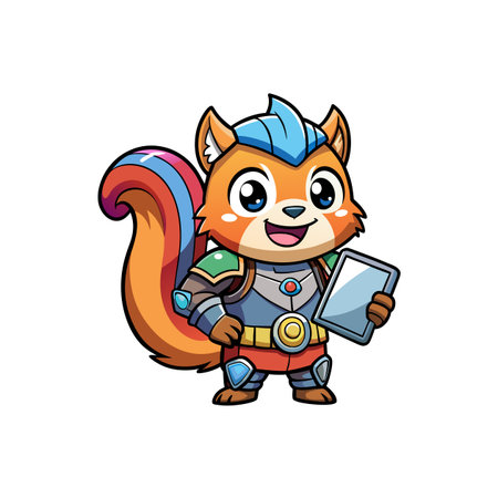 Cartoon armored squirrel character holding tablet isolated on whiteのイラスト素材