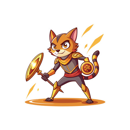 Cartoon cat warrior holding shield and spear illustration designのイラスト素材