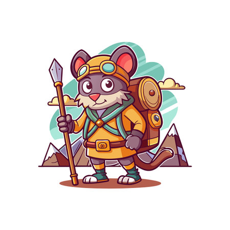 Adventurous cartoon mouse explorer on mountain peak vector illustrationのイラスト素材