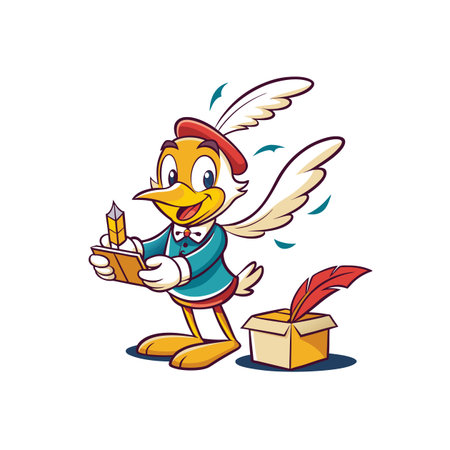 Cartoon bird writing in a journal with a pencilのイラスト素材