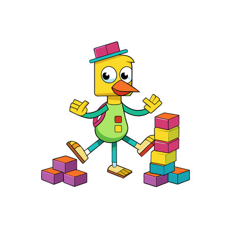 Happy cartoon bird playing with colorful building blocks cheerfullyのイラスト素材