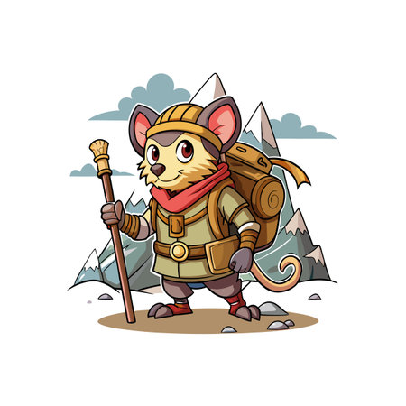 Cartoon mouse hiking in mountains with backpack and stickのイラスト素材