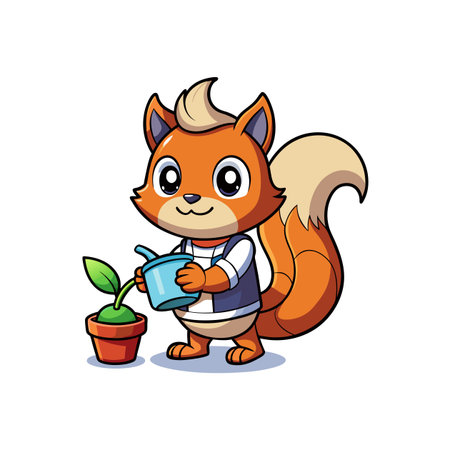 Cute squirrel cartoon character watering plant with watering canのイラスト素材