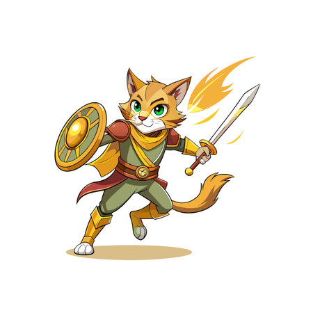 Cartoon brave warrior cat character prepares to fight actionのイラスト素材
