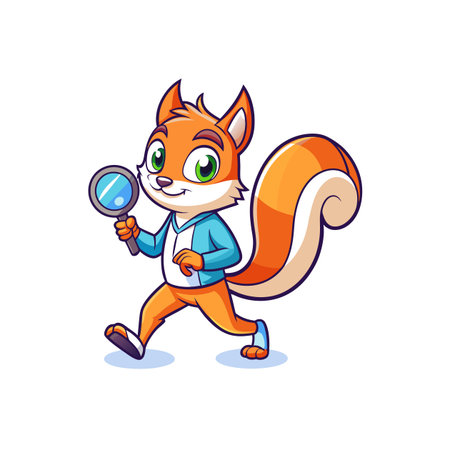 Cartoon squirrel detective with magnifying glass on white backgroundのイラスト素材