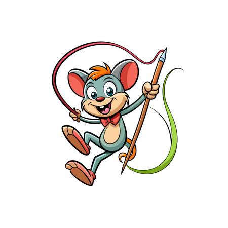 Cartoon Mouse with Ribbon and Pole Leaping and Smilingのイラスト素材