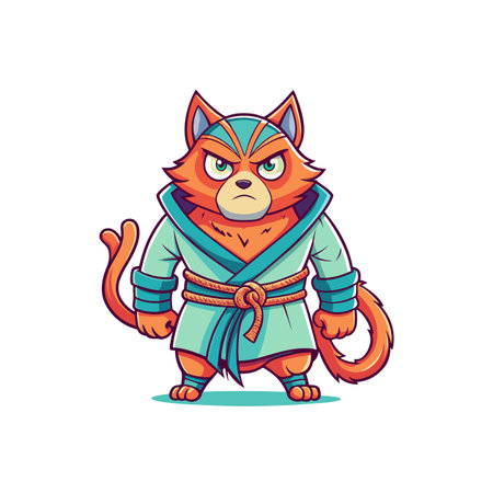 Cartoon cat character wearing martial arts robe and beltのイラスト素材