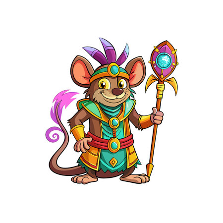 Cartoon mouse pharaoh with magic staff on white backgroundのイラスト素材