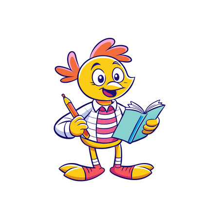 Cute cartoon chick character reading book and holding pencilのイラスト素材
