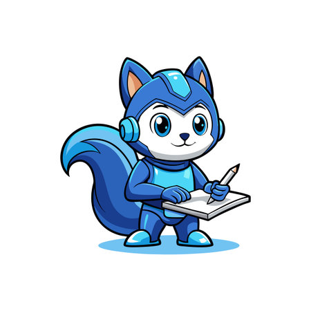 Cartoon futuristic squirrel writing in notebook with pencil happilyのイラスト素材