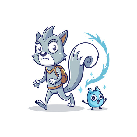 Cartoon squirrel character with backpack and creature companionのイラスト素材