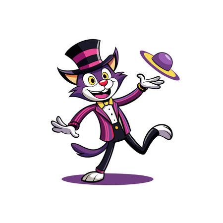 Whimsical purple cat magician in striped suit illustrationのイラスト素材