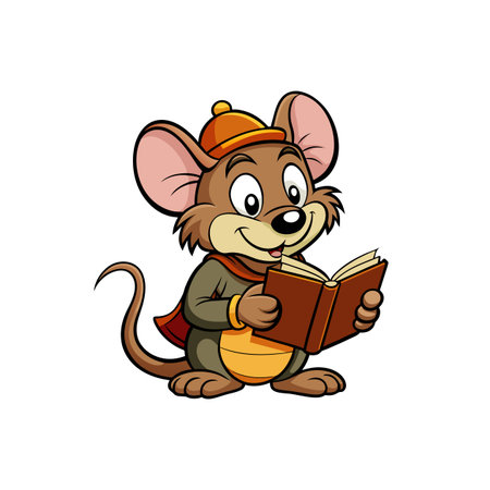 Cartoon mouse reading a book with happy expressionのイラスト素材