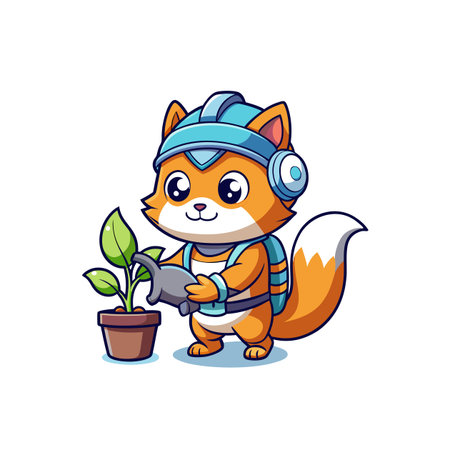 Cute cartoon fox planting tree seedling in flower potのイラスト素材
