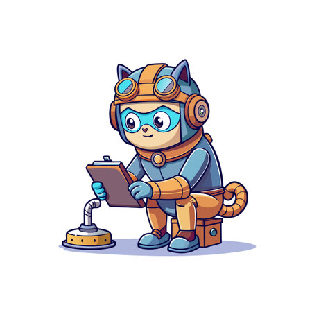 Cat in retro astronaut suit writing on clipboardのイラスト素材
