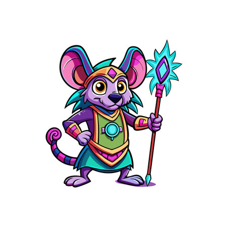 Cartoon mouse wizard with magical staff stands confidentlyのイラスト素材