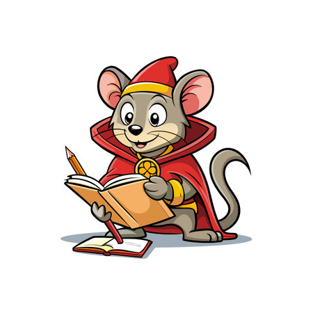 Cartoon mouse dressed as wizard reading and writing storyのイラスト素材