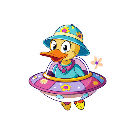 Cartoon duck in flying saucer with floral detailsのイラスト素材