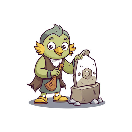 Cartoon bird sculptor carving stone with tool illustration artのイラスト素材