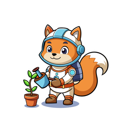Cartoon squirrel astronaut watering plant in space suitのイラスト素材