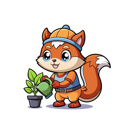 Cartoon fox character watering a plant with green leavesのイラスト素材