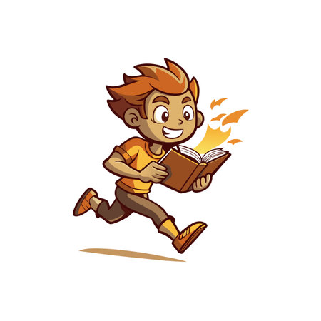 Excited boy reading a book while running happilyのイラスト素材