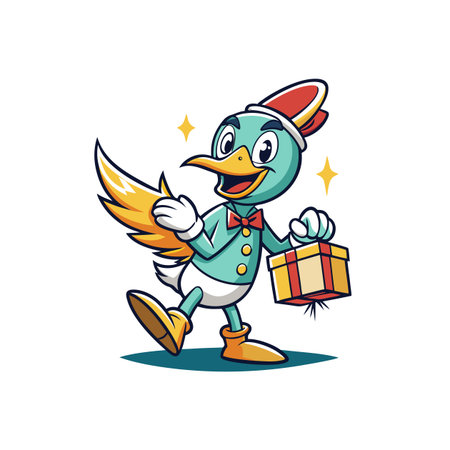 Festive cartoon bird delivering a Christmas present with joyのイラスト素材