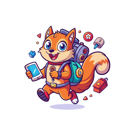 Happy squirrel traveler with backpack and mobile device illustrationのイラスト素材