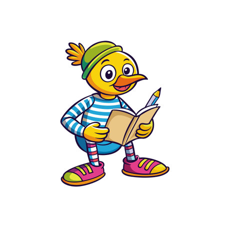 Cheerful cartoon duck character reads a book happilyのイラスト素材
